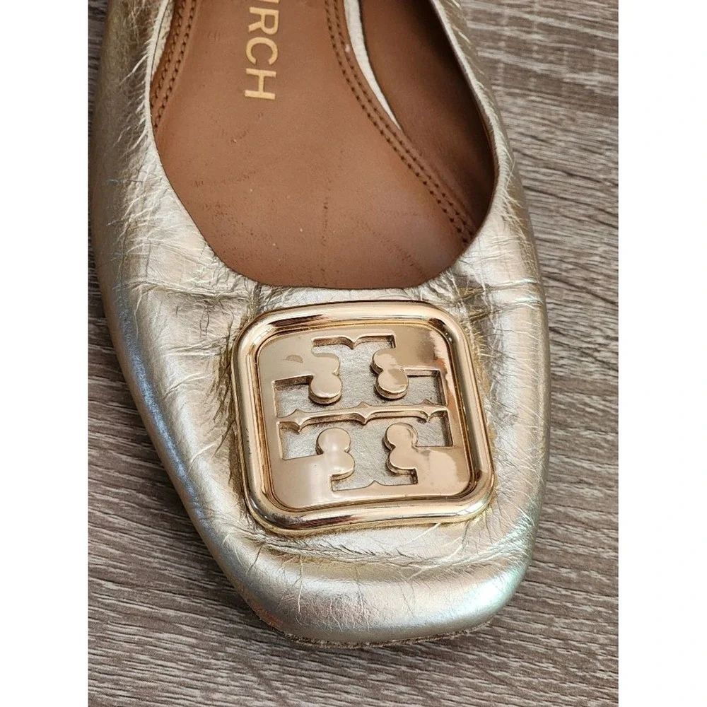 TORY BURCH Gold Square Toe Ballet Flats Logo Size 6